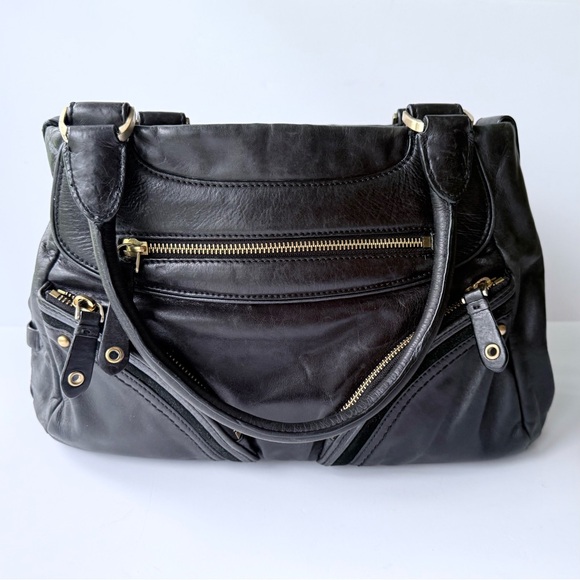 Cole Haan Black Leather Shoulder Bag w/ Exterior Zip Pockets & Suede Trim - Picture 1 of 16